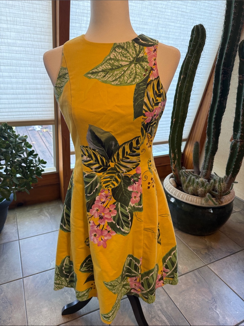 Melanie Lynn Yellow Floral A-Line Dress with Tropical Print with pockets